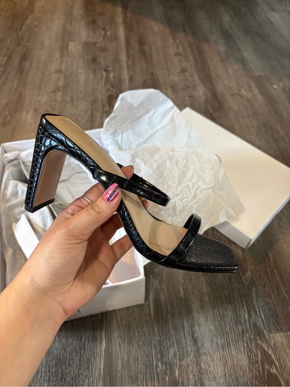 Black Croc-Embossed Square Toe High Heel Sandals — Sleek Strappy Design